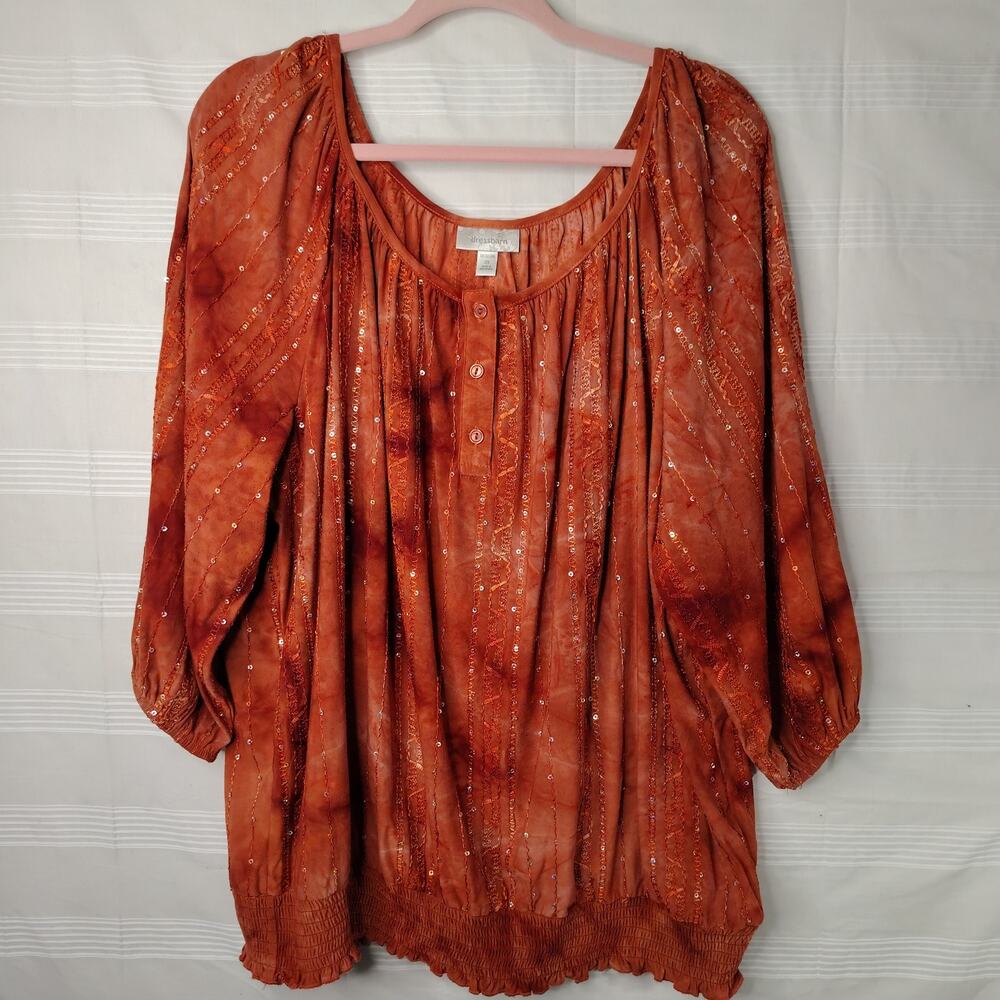 DressBarn Peasant Blouse 3/4 Sleeve Burnt Orange Sequins Embroidered 3X